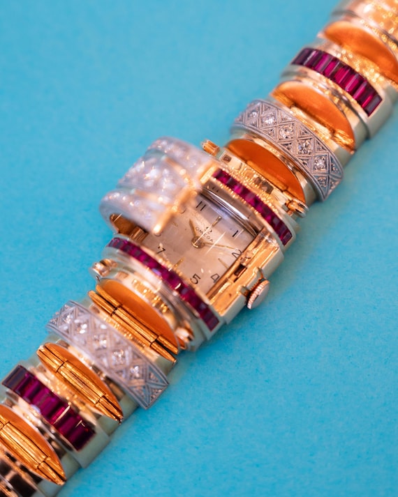 Retro Omega Diamond & Ruby Watch Bracelet in 18k … - image 4
