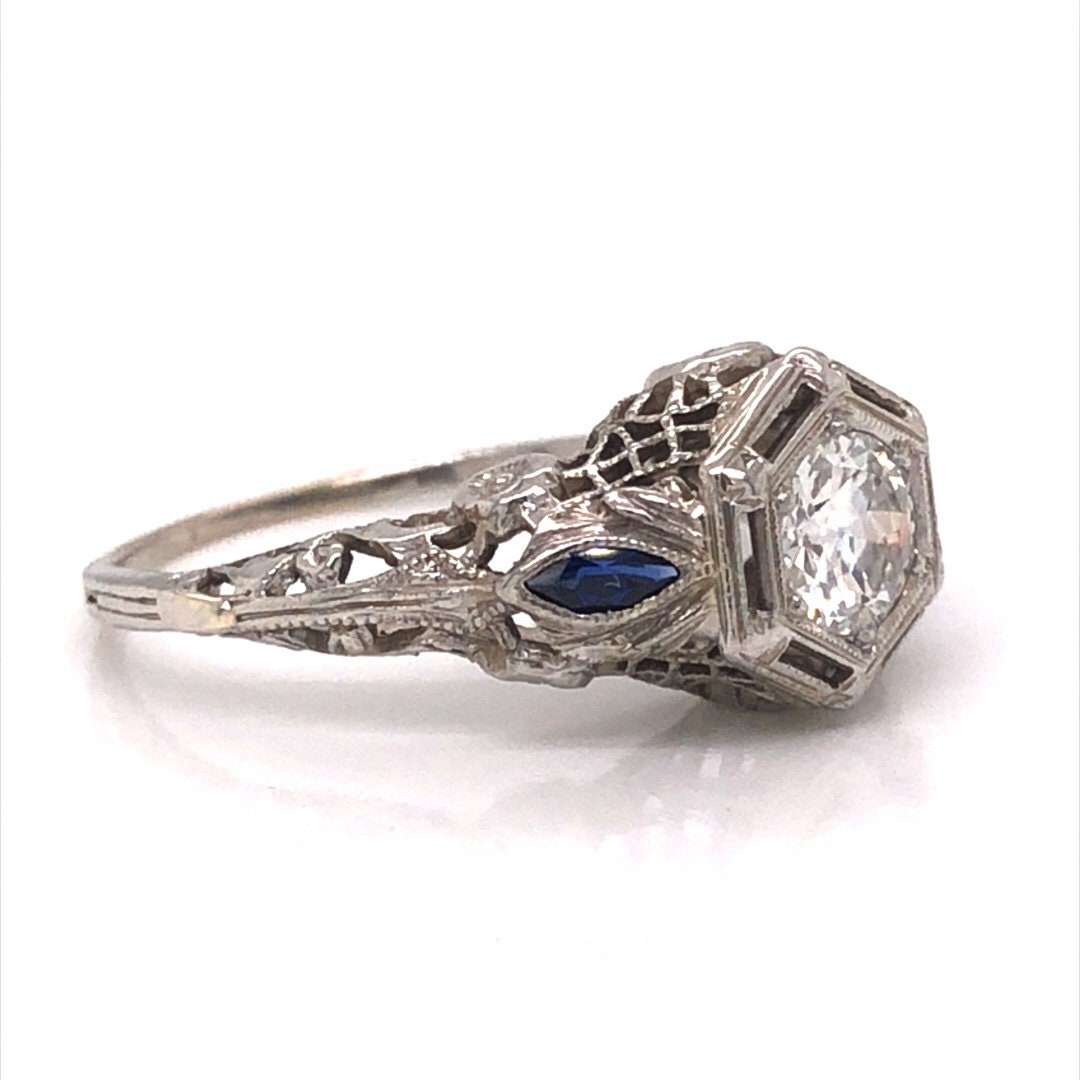 Sapphire Accent Diamond Engagement Ring in 18k White Gold Etsy