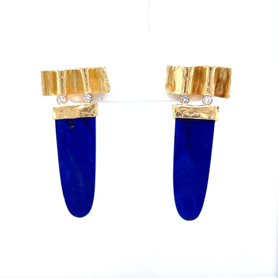 Cabochon Lapis Lazuli Drop Earrings in 14k Yellow… - image 2