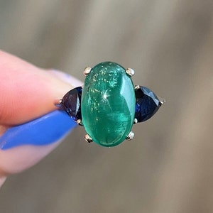 Cabochon Emerald & Sapphire Cocktail Ring in Platinum