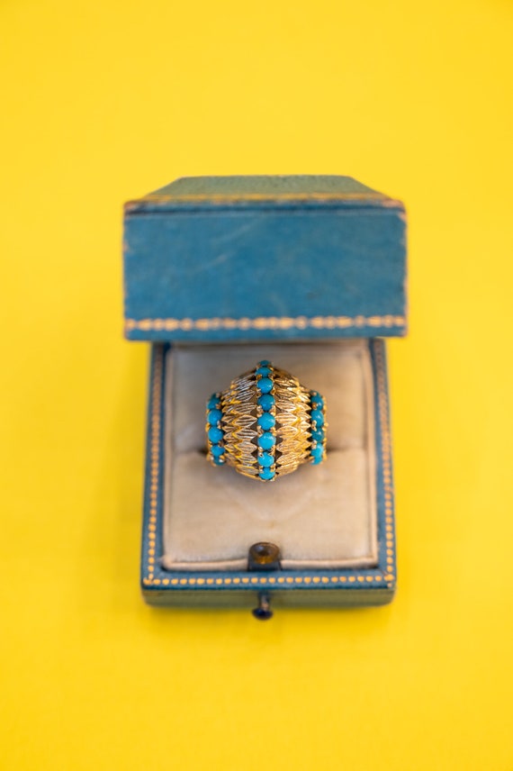 Mid-Century Turquoise Dome Cocktail Ring in 14k Y… - image 3