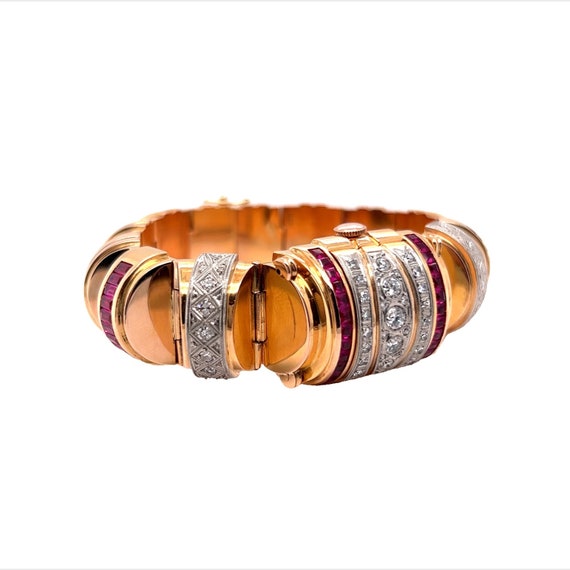 Retro Omega Diamond & Ruby Watch Bracelet in 18k … - image 9