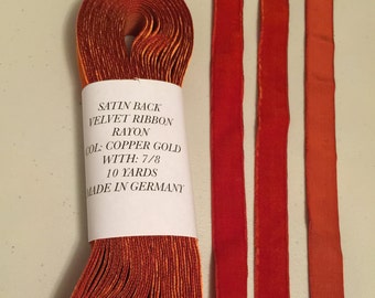 Antique Velvet Satin Back Ribbon Copper Gold Shade 7/8" Wide. Sold by 10 Yards.