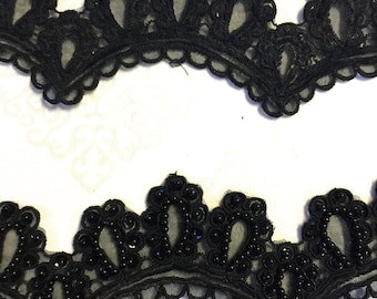 Vintage Black Beaded Sequin Embroidery Ribbon Lace Trim. Pearl Beaded Lace, Trim, Lace Trims, Black Lace. Sold by the Yard.