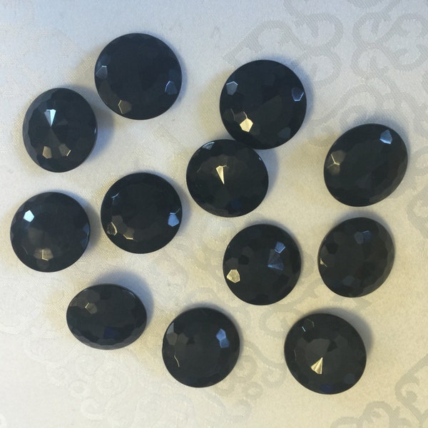 12 Czech Jet Black Glass Shank Buttons. Antique Buttons, Czech Buttons, Glass Buttons, Black Buttons.