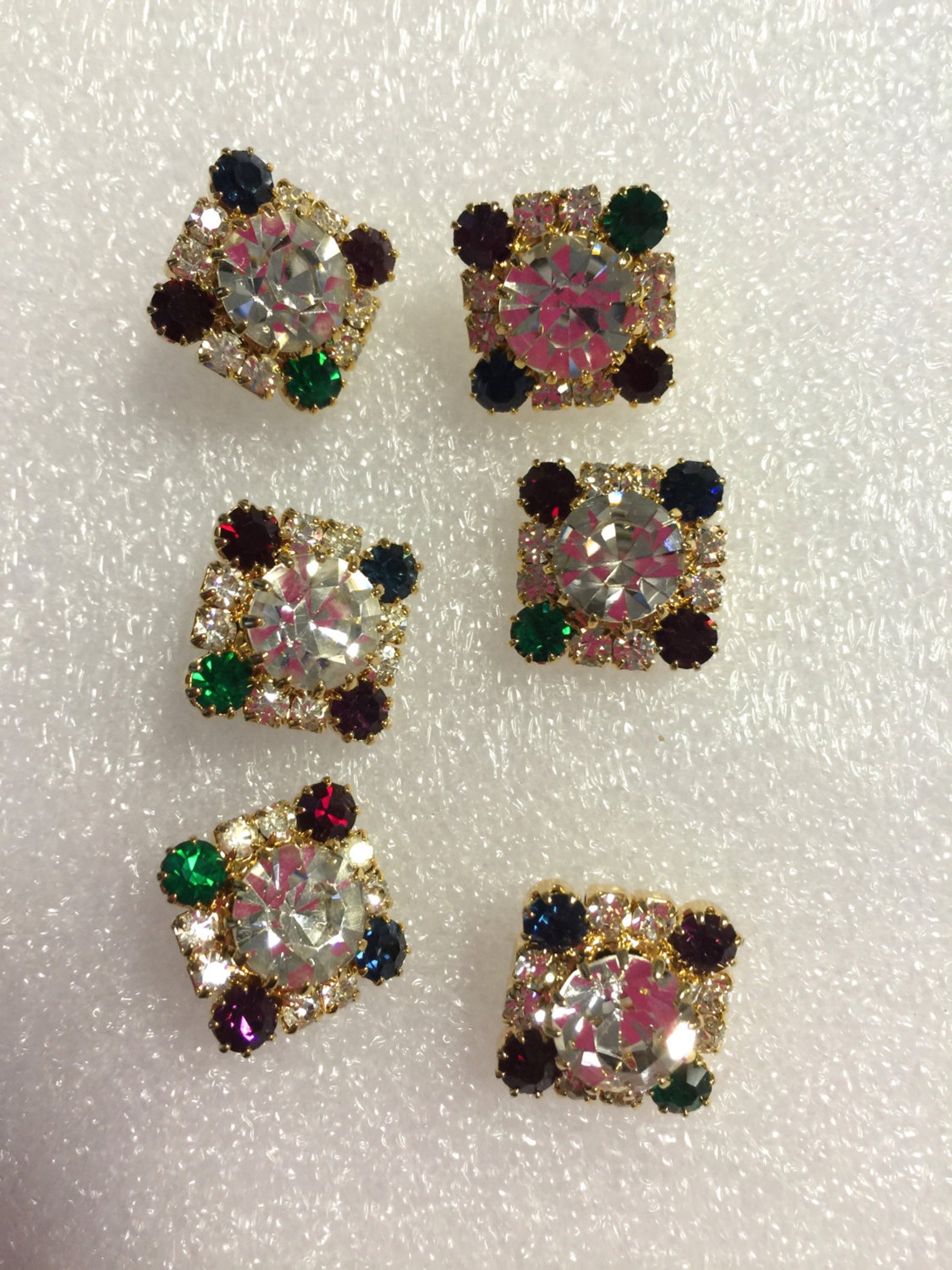 6 Vintage Buttons Beautiful Square Rhinestone, Multi Colour Buttons ...