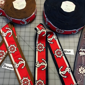 Jacquard Nautical Ribbon. Made in France. Nautical Anchor Jacquard Trim. Sold by the yard.