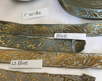 Woven Metallic Trim. Sold by the Yard. Antique Metallic,Metal Trims, Metallic Ribbons, Costume Design,Jewellery Designs. Lt.Blue or Blue.