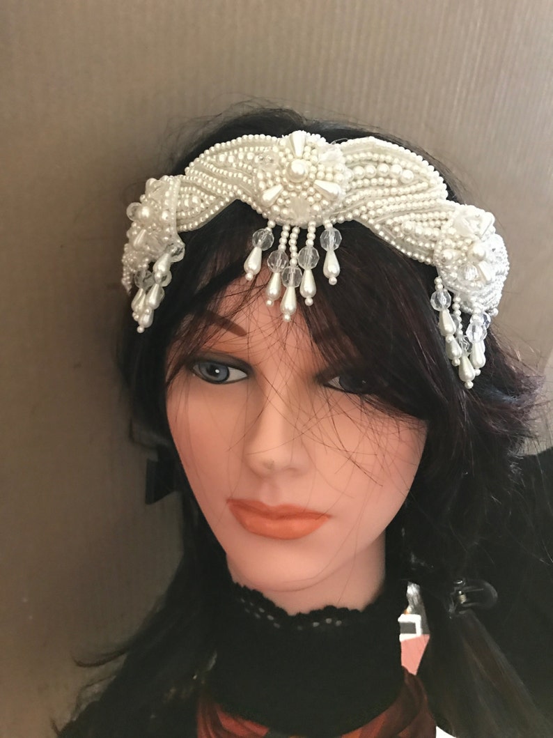 Vintage Pearl Tiara, White Floral Crown, Wedding Headband,Bridal Headpiece. R2092 image 1