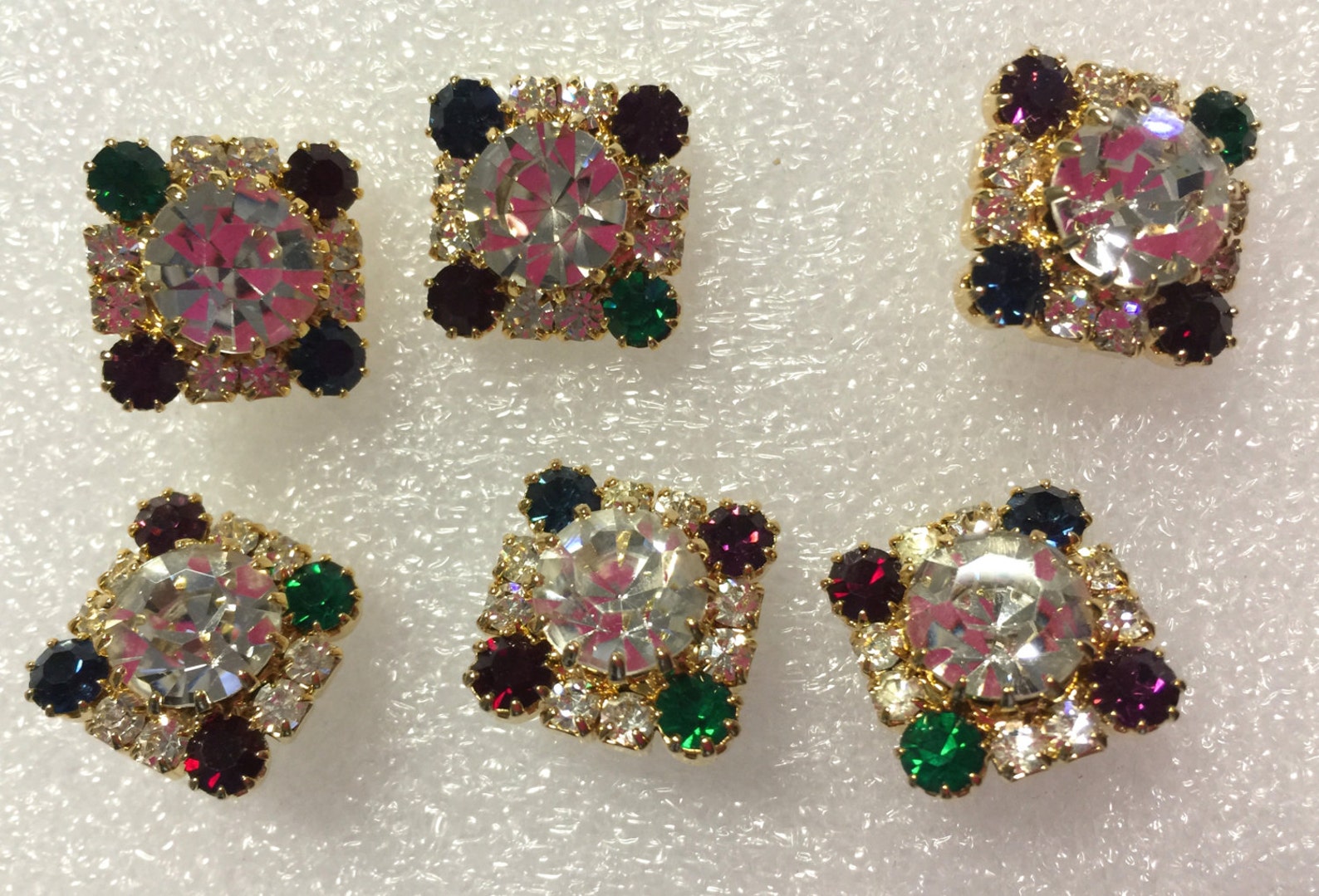 6 Vintage Buttons Beautiful Square Rhinestone, Multi Colour Buttons ...