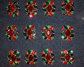 6 Vintage Multi Colour Crystal Rhinestone Buttons. Made in Czech Republic.