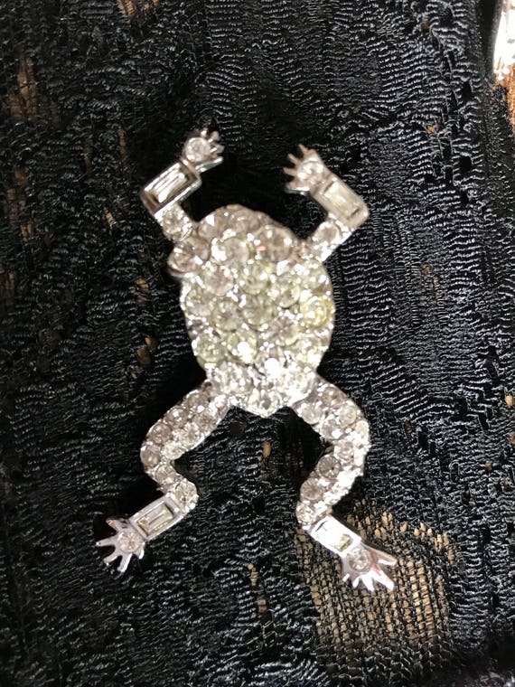 Frog Rhinestone Silver Brooch Made in Czech Repub… - image 4
