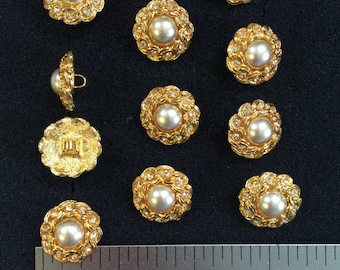 12 Vintage Pearl Buttons Gold. Czech Rhinestone Buttons. Made in Czech Republic. Size 7/8