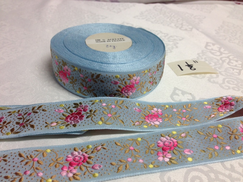 Vintage Jacquard Floral Ribbon Collection. Sold by the yard. Acetate, Made in France, 1 1/8 Wide. image 5