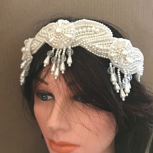 Vintage Pearl Tiara, White Floral Crown, Wedding Headband,Bridal Headpiece. R2092 image 5