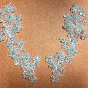 Beaded Appliqué with White Pearls on a organza. Sold By the Pair