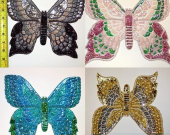 Embroidered and Beaded Butterfly Appliqués with Sequins. Huge Appliqué Butterfly