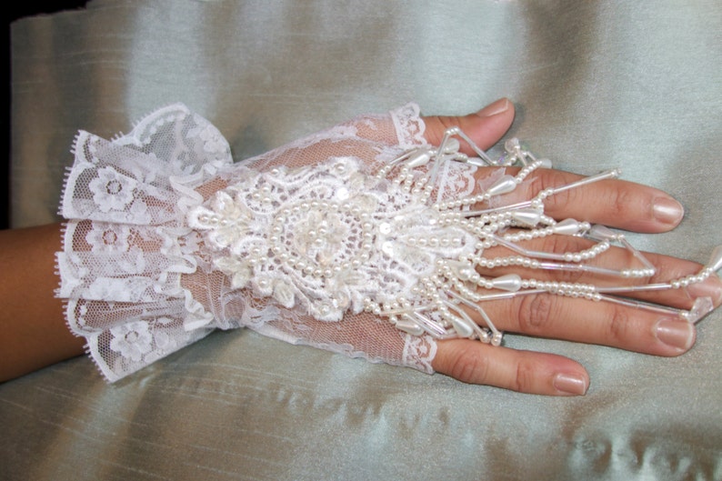 Embellished Lace Gloves Wrist. Fingerless Lace Wedding Gloves Short White Lace Ruffle Gloves. image 2