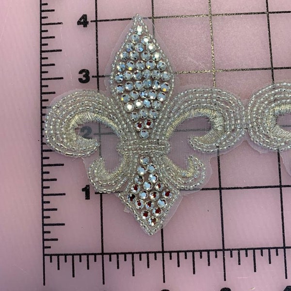 Fleur Di Lis Beaded Silver Rhinestone Flower, Appliqué. 30 inches long.