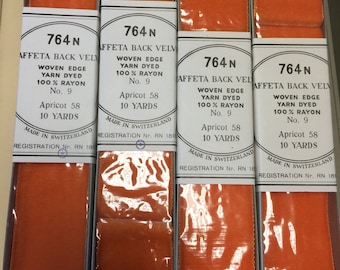 SPECTACULAR 10 Yards of Vintage Taffeta Back Velvet Ribbons. Made in Switzerland. Rayon Ribbons, Velvet Rayon, Swiss Ribbons. Apricot