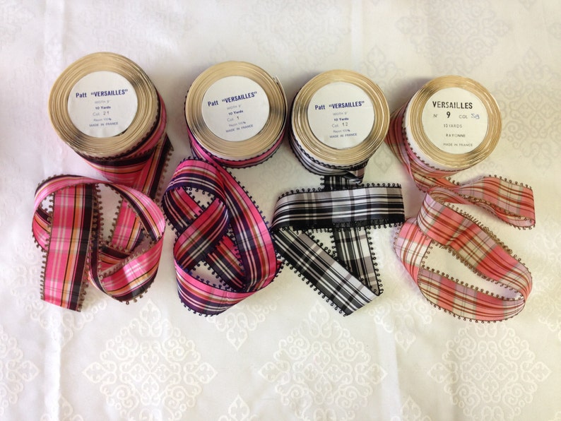 Vintage Plaid Taffeta Ribbon, Rayon, Made in France, 1 5/8 Wide. Sold by the roll. Rayon image 3