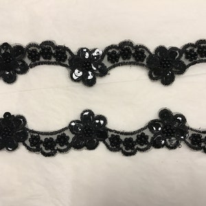 Black Beaded Appliqué Trims Beaded Trims, Beaded Motif, Motif, Trims.Sequin Appliqué, DIY Supply. Sold by the yard.