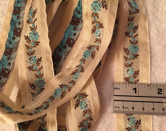 Vintage Jacquard Ribbon, Trim with embroidered florals. Floral Ribbon, Jackuard Ribbon, Floral Trims. Sold by the yard.