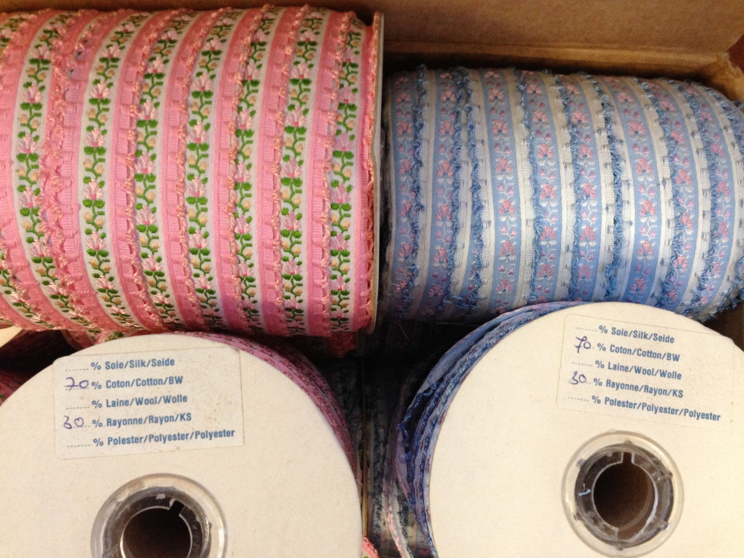 Vintage French Jacquard Ribbon, Trim with embroidered florals and scalloped  loop edging. Wide 3/4. Sold by the yard