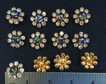 12 Crystal Black Opal Gold Buttons. Made in Czech Republic. RB688, Size 2/3