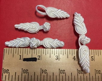 3 Pairs of White  Frog Closure.Fabric Closure. 3 1/4 inches long by 3/4 of an inch wide.