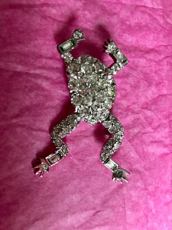 Frog Rhinestone Silver Brooch Made in Czech Repub… - image 3