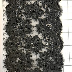 Embroidered  Sequin Pearls Beaded Lace.Lace Trim for bridal veil, scalloped trim.Sold by the Yard.Black