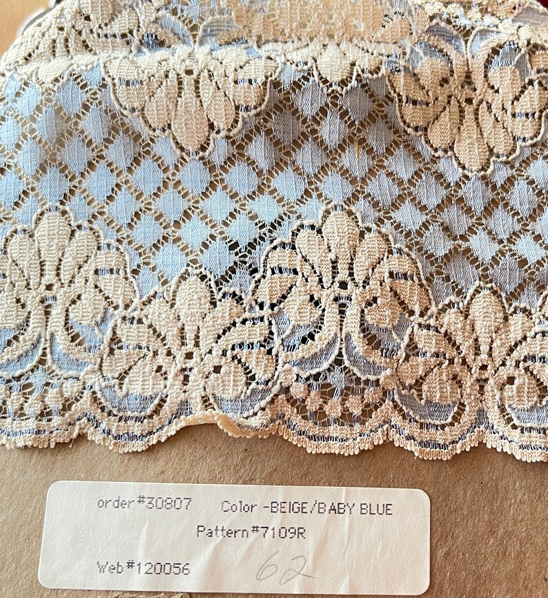 7109r Beige and Baby Blue Stretch Scalloped Lace. Sold by the Yard. Made in ...