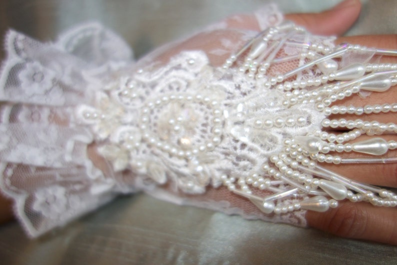 Embellished Lace Gloves Wrist. Fingerless Lace Wedding Gloves Short White Lace Ruffle Gloves. image 6