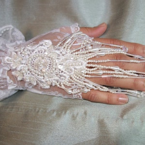 Embellished Lace Gloves Wrist. Fingerless Lace Wedding Gloves Short White Lace Ruffle Gloves. image 5