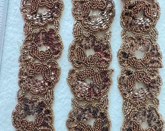 Brown Beaded Sequins Trimmings, Sold by the yard.