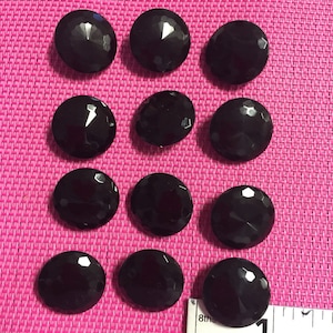 12 Vintage Black Glass Shank Buttons Faceted with centre point, 7/8” ,  Made in Czechoslovakia.