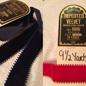 9 1/2 Yards of Vintage Picot Edge Velvet. Made in Switzerland. 1 1/2 Inch wide. Navy Blue or Red. Red Ribbon, Picot Ribbon.