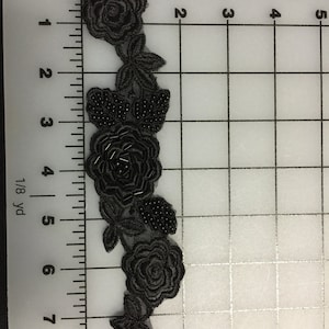 Black Beaded Embroidery Flower Appliqué, Motif,  Sequinned Trim,Embroidered Appliqué, Lace Trim Black Flower and Leaf Lace.Sold by the Yard.