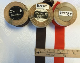 Vintage Grosgrain Ribbon.Millinery Grosgrain.  Sold by the Roll of 10 yards. Brown or Orange. All Rayon. Made in USA.