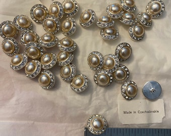 12 Czech Rhinestone Pearl Buttons. Made in Czechoslovakia. Silver Pearl Buttons. Czech Buttons. 21mm.