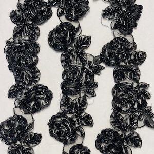 Black Floral Sequin Beaded Trim. Sold by the yard.Motif, Dance Costume, Embellishments,Home Decor, Appliques Patches.