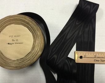 Black Moire  Silk Cotton Grosgrain Petersham Millinery Ribbon, Moire Ribbons, Black Moire. Sold by the yard.