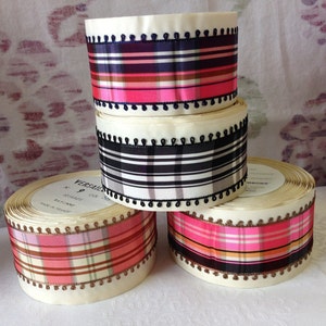 Vintage Plaid Taffeta Ribbon, Rayon, Made in France, 1 5/8 Wide. Sold by the roll. Rayon image 1