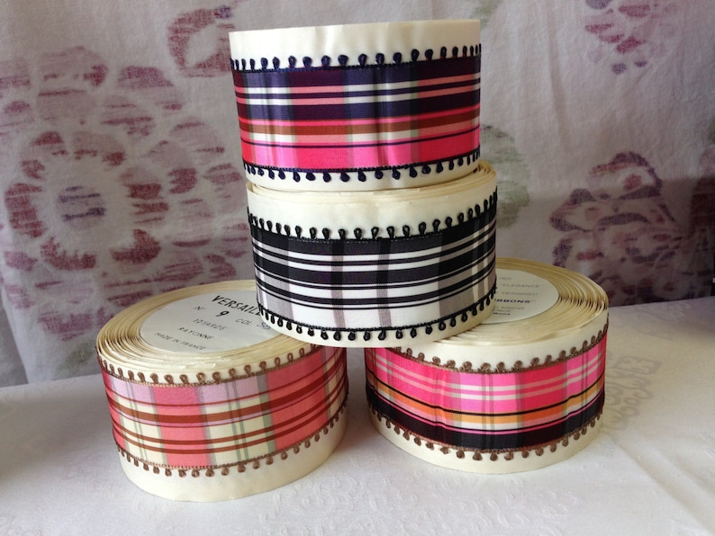 Vintage Plaid Taffeta Ribbon, Rayon, Made in France, 1 5/8 Wide. Sold by the roll. Rayon image 1
