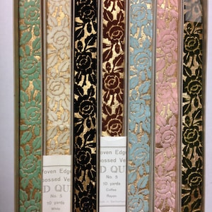 Floral Ribbon Collection of  Woven Edge Embossed Velvet Gold Queen Rayon, Width 1 inch,  Made in Switzerland.