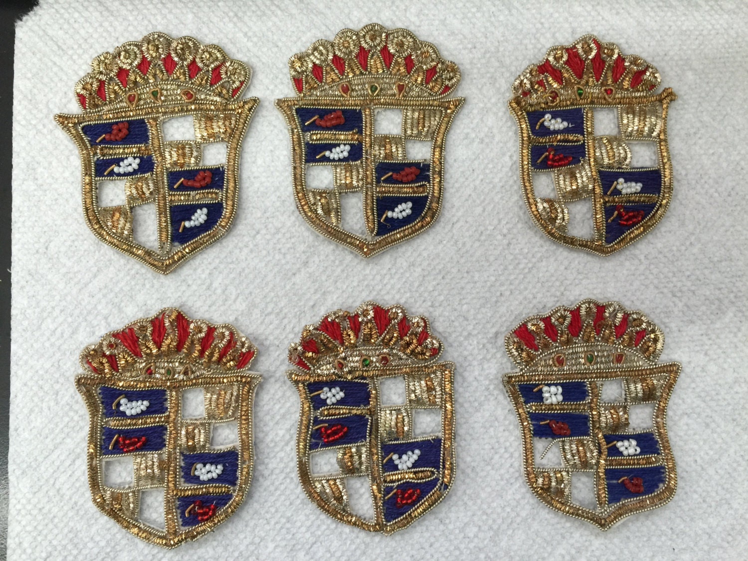 Vintage Heraldic Shield Design Metallic Thread Hand Made