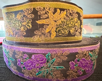 Jacquard floral metálico. Cinta de jacquard tejida vintage, cinta floral. Se vende cortada a medida.