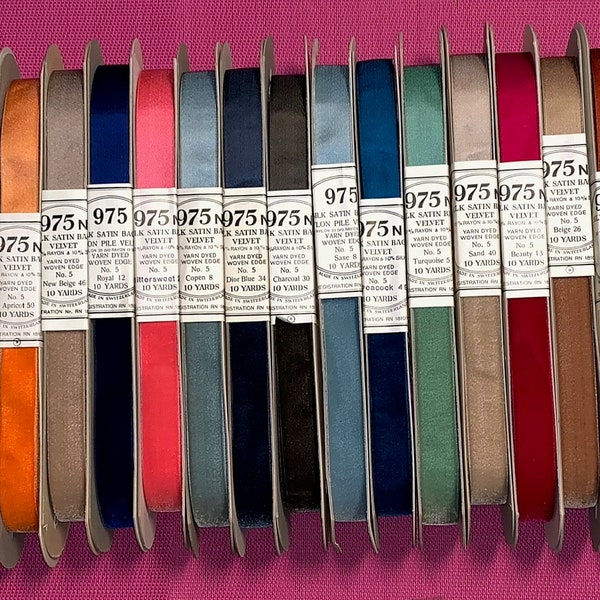 975. No.5.  10 Yards of Vintage Velvet Ribbons. Made in Switzerland. Silk Satin Back Ribbon.Velvet Ribbons. Many colours too choose from.