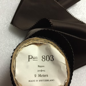 Antique Picot Taffeta ribbon 5” Wide in Dark  Brown. Rayon Made in Switzerland. Sold by the Roll of 10 Yards.